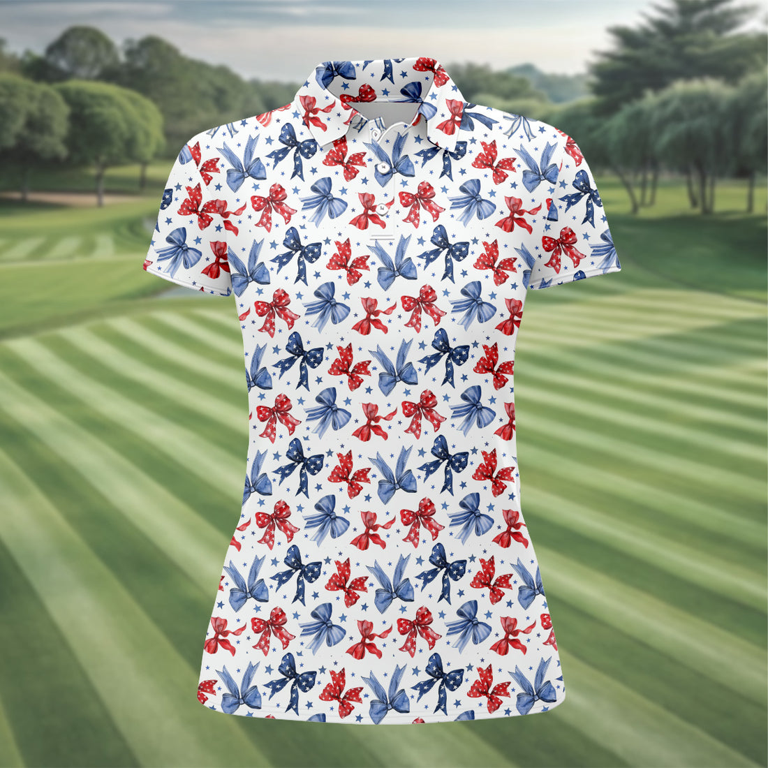 Red White & Blue Bows Shirt, Women's 4th Of July Shirts, Funny Womens Golf Polo Shirt, Custom Ladies Golf Shirt