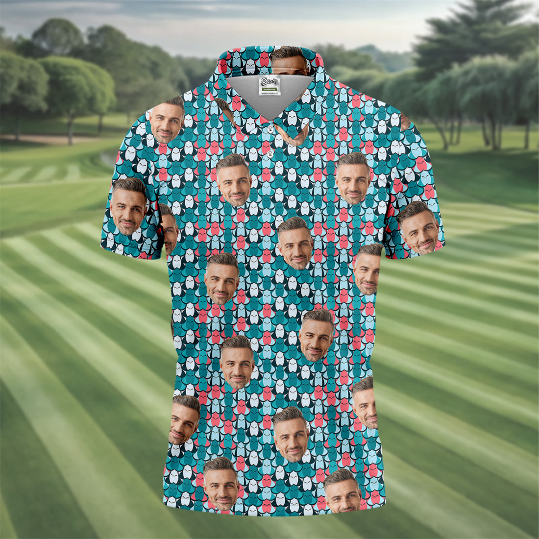 Custom Face Green And Pink Fun Golf Shirts For Men, Fun Men's Golf Polos, Golfing Apparel