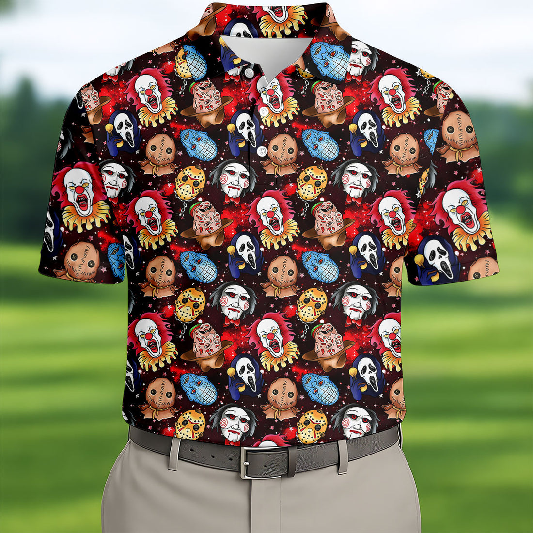 Red Galaxy Horror Character Pattern Halloween Golf Shirt, Mens Golf Polo, Printed Golf Shirts