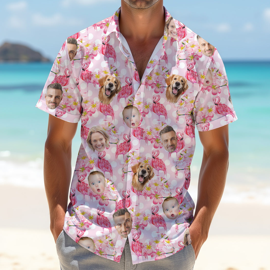 Pink Flamingo Hawaiian Shirt, Floral Men Shirt, Custom Face Shirt, Matching Hawaiian Outfits, Men Golf Polo
