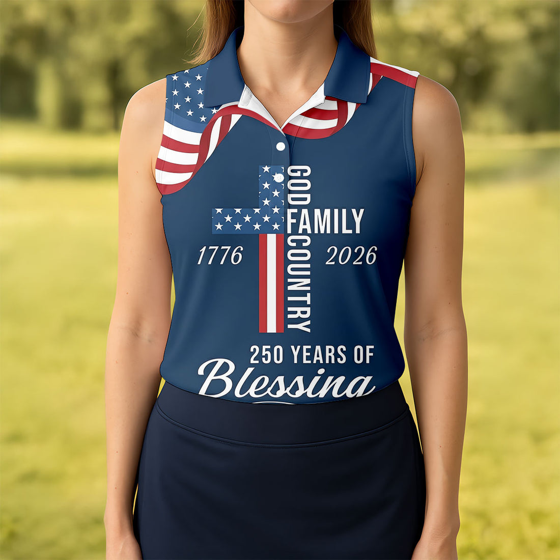 God Family Country Faith Cross 250 Years Of Blessing US Flag Golf Shirt, Golf Shirt For Women