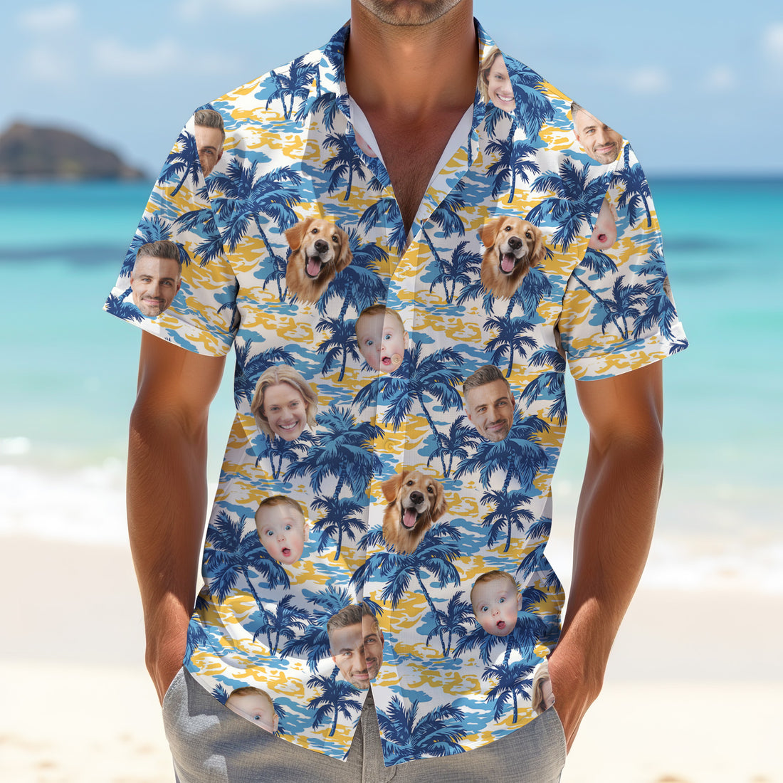 Blue Hawaiian Shirt, Custom Face Shirt, Blue Sunset, Hawaiian Golf Shirt, Tropical Beach, Great Golf Gifts For Guys