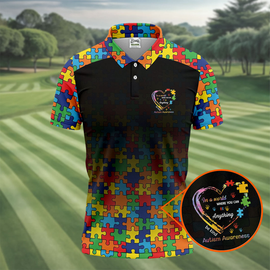 In A World Where You Can Be Anything Be Kind Autism Awareness Puzzle Pattern Black Fade Men's Golf Shirt