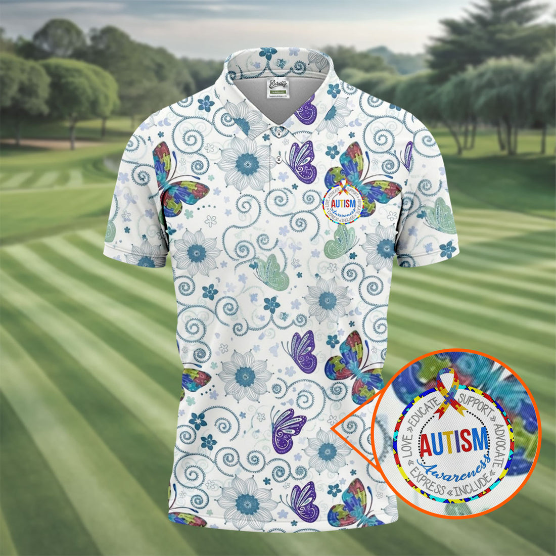 Autism Awareness Flower And Butterfly Puzzle Ribbon Men's Golf Shirt, Polo Shirts For Men