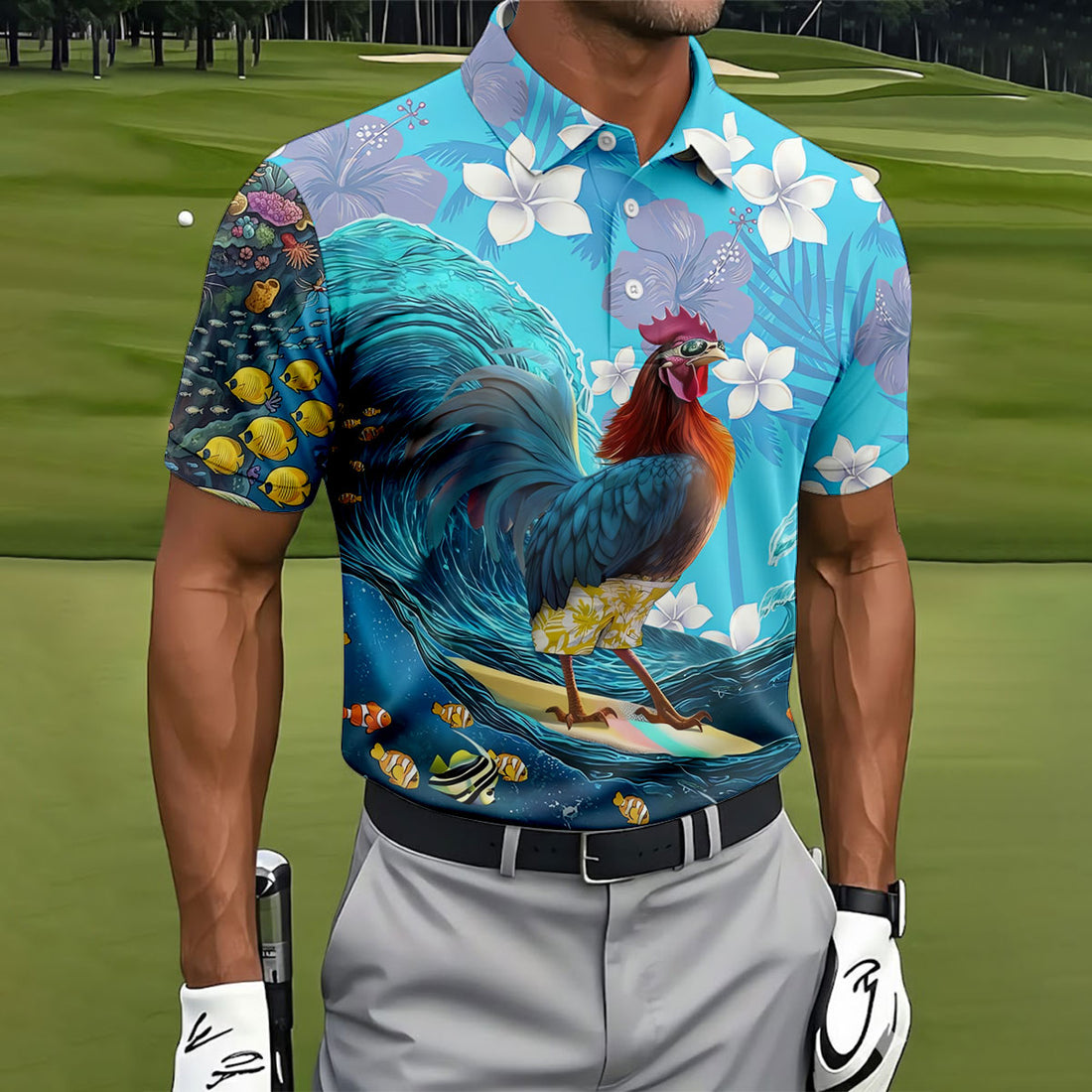 Tropical Floral Beach Scene with Ocean Surf Hawaiian Golf Polo, Golf Tops For Men, Golfing Apparel
