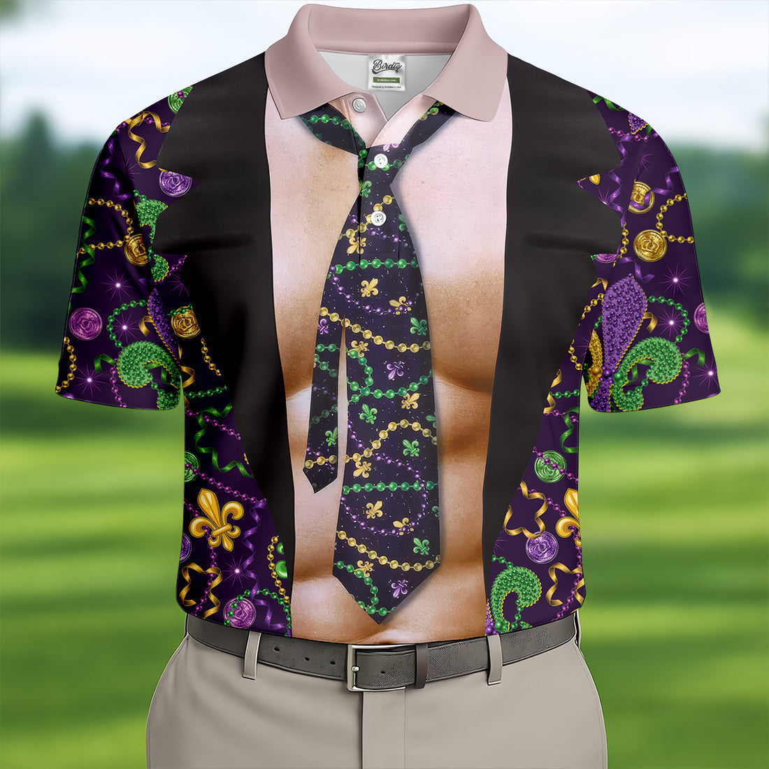 Mardi Gras Purple Green Gold Fleur De Lis Funny Costume Golf Shirts For Men, Men's Funny Golf Shirts
