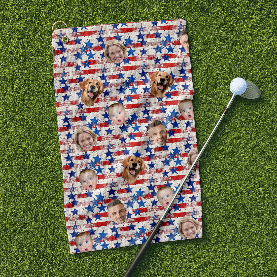 Custom Face Towel, 4th of July Stars Towel, USA Independence Day Towel With Faces, Patriotic Golf Towel