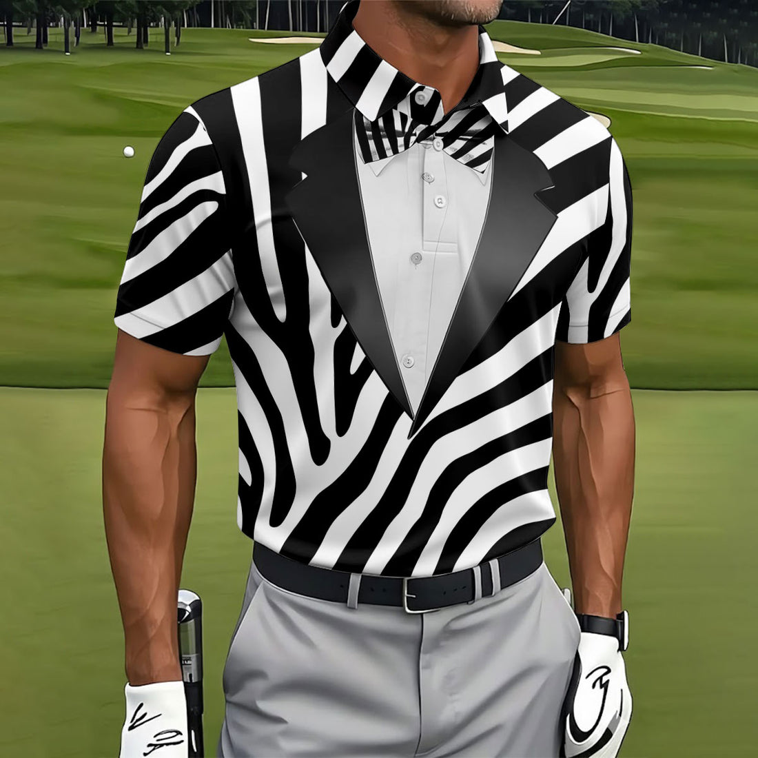 Zebra Pattern Funny Costume Hawaiian Golf Shirt, Polo Shirts For Men, Golf Shirts For Men
