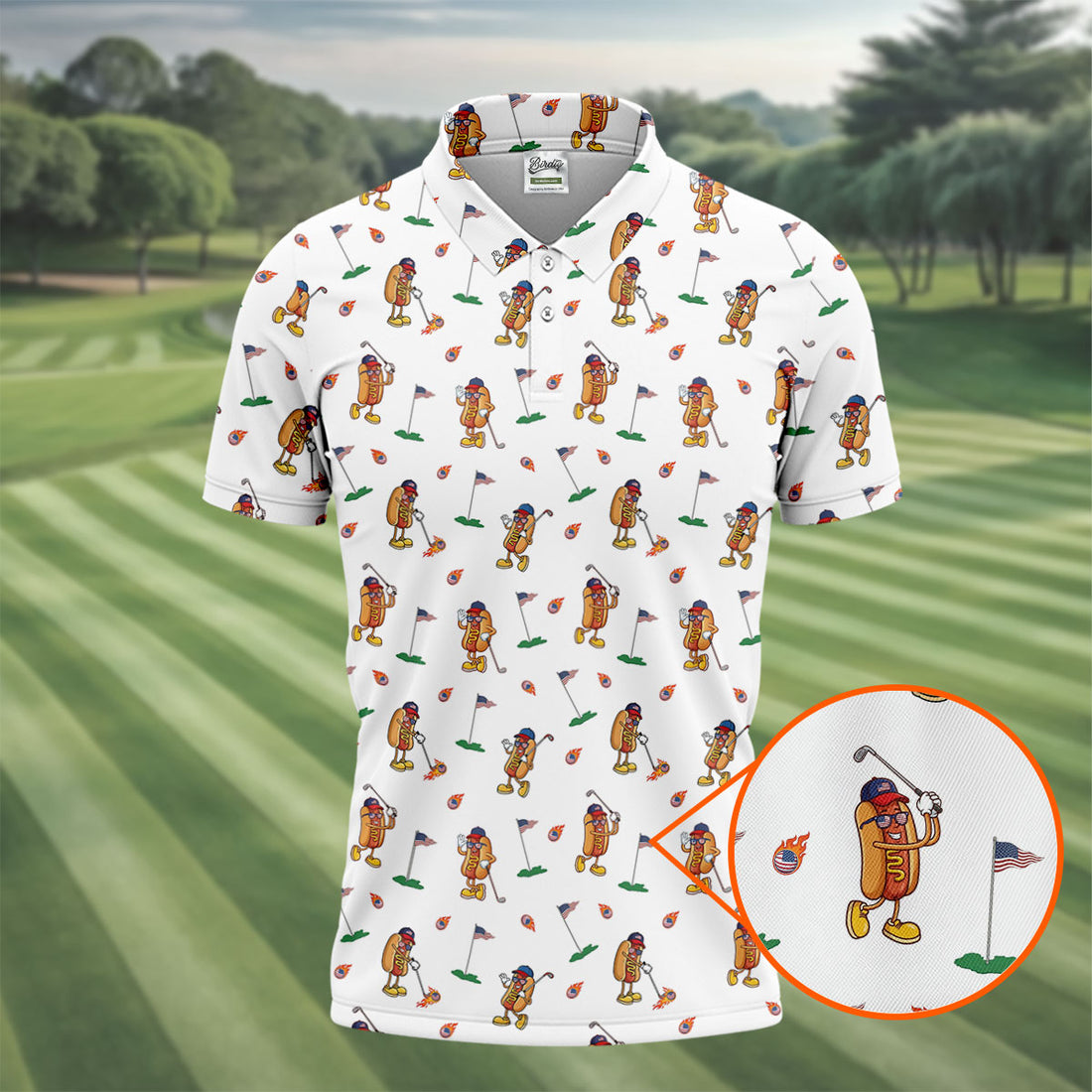 Cartoon Hot Dogs American Flag Pattern 250th Anniversary White Golf Shirt, Golf Shirts For Men, Polo Shirts For Men