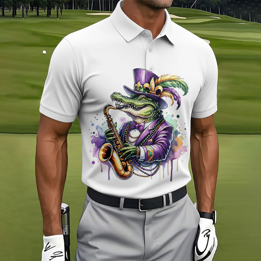Mardi Gras Alligator Playing Saxophone White Golf Shirt, Golf Shirts For Men, Polo Shirts For Men