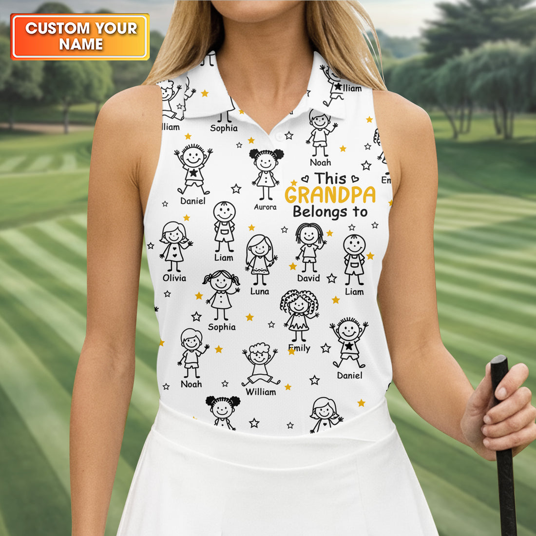 This Grandpa Dad Belongs To Kids Pet White Golf Shirt, Ladies Golf Tops, Women Golf Top, Golfing Apparel