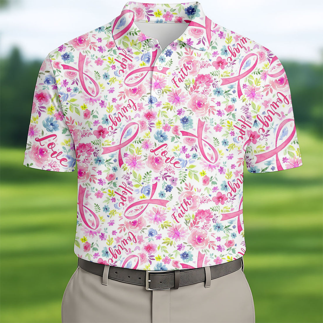 Faith Hope Love Floral Breast Cancer Polo Shirt, Golf Shirts For Men, Printed Golf Shirts