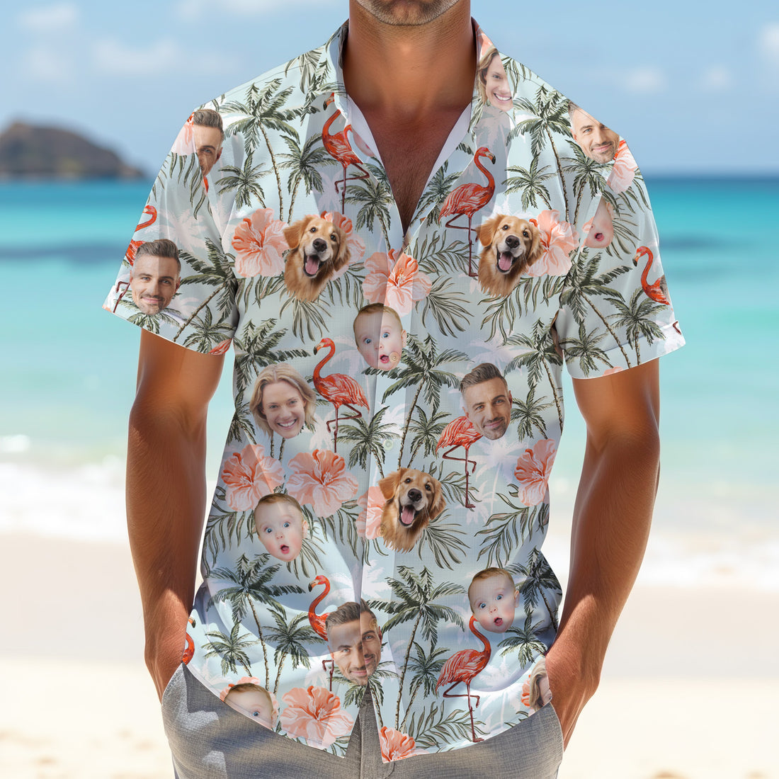 Flamingo Hawaiian Shirt, Green And Red, Custom Face Shirt, Men Polo, Best Gifts For Men Golfers