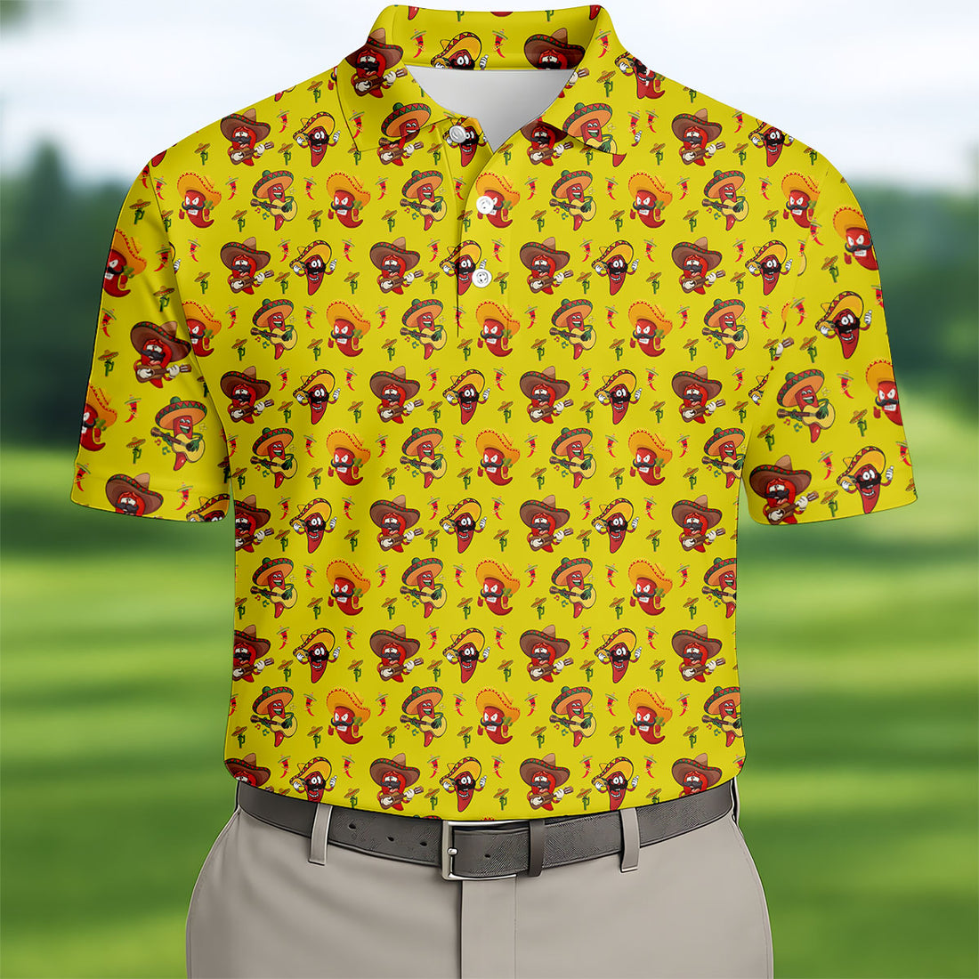 Cartoon Chili Pepper Mexican Sombrero Cinco De Mayo Celebration Fiesta Themed Golf Shirts For Men