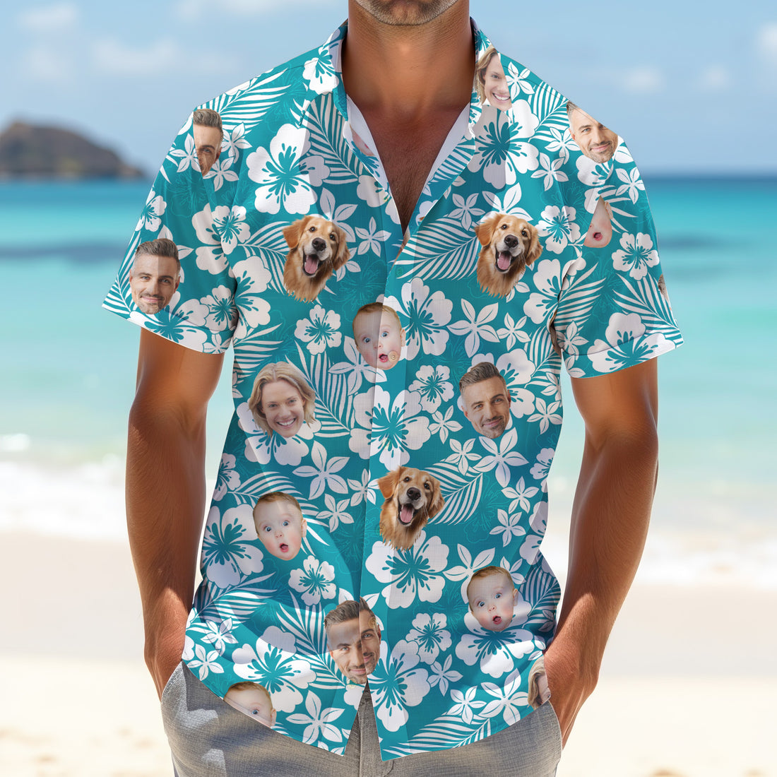Teal Color Shirt, White Hibiscus Floral Golf Shirt, Custom Face Shirt, Mens Tropical Shirts, Hawaiian Shirts For Men
