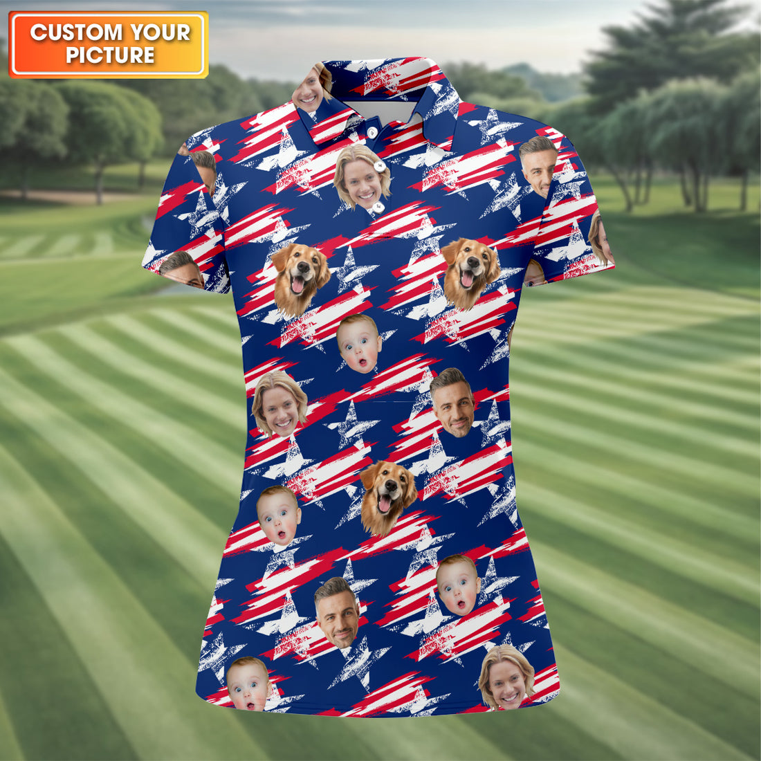 Ladies Golf Shirt, Patriotic Golf Polos, Custom Face Shirt, Family Portrait Golf Shirt, Golf Polo For Ladies