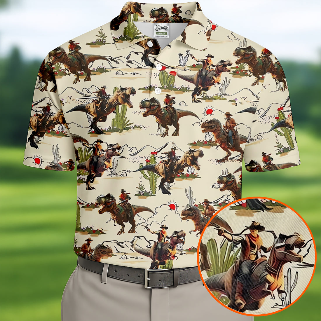Cowboys Riding Tyrannosaurus Rex Dinosaurs Hawaiian Golf Polo, Golf Tops For Men, Golfing Apparel