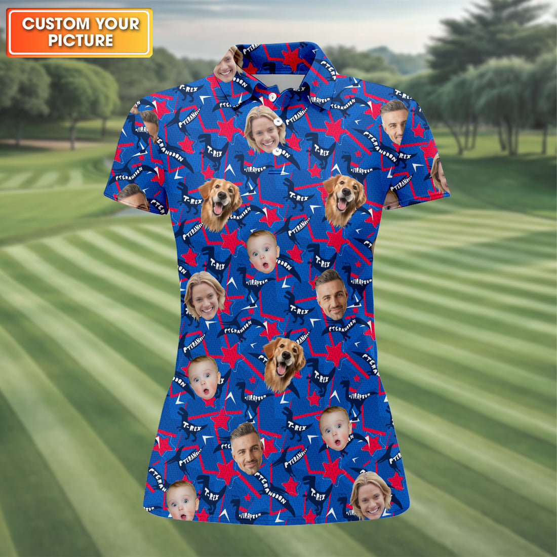America Flag Golf Shirt For Ladies, Personalized Dog Shirts, Custom Face Shirt, T-Rex Golf Shirt For Ladies