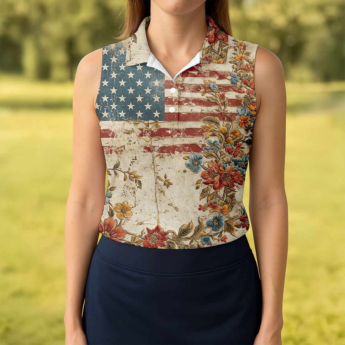 Floral American Flag Vintage Golf Shirt, 250 Years Patriotic 4th Of July Golf Shirt For Women