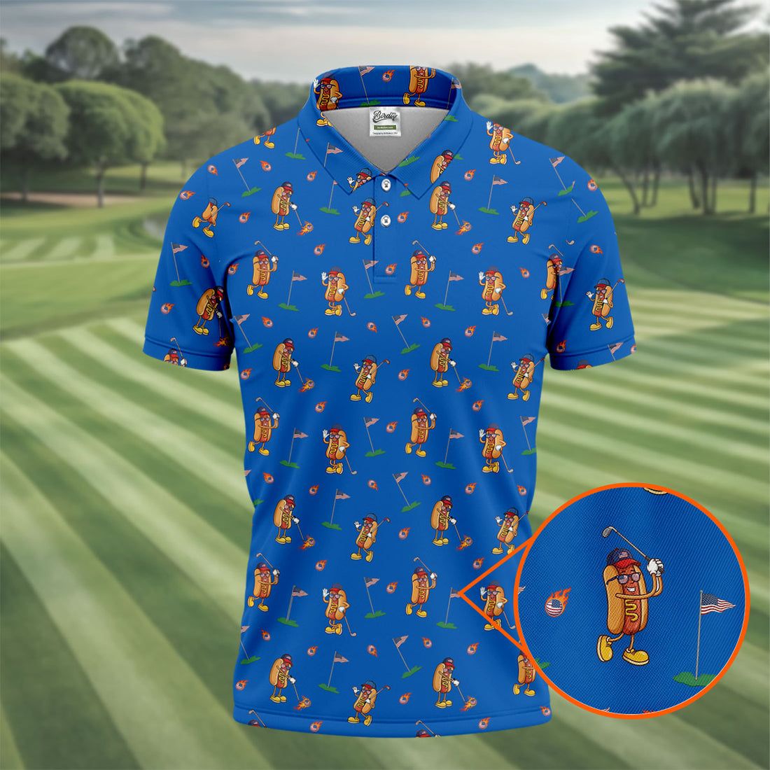 Cartoon Hot Dogs American Flag Pattern 250th Anniversary Blue Golf Shirt, Golf Shirts For Men, Polo Shirts For Men