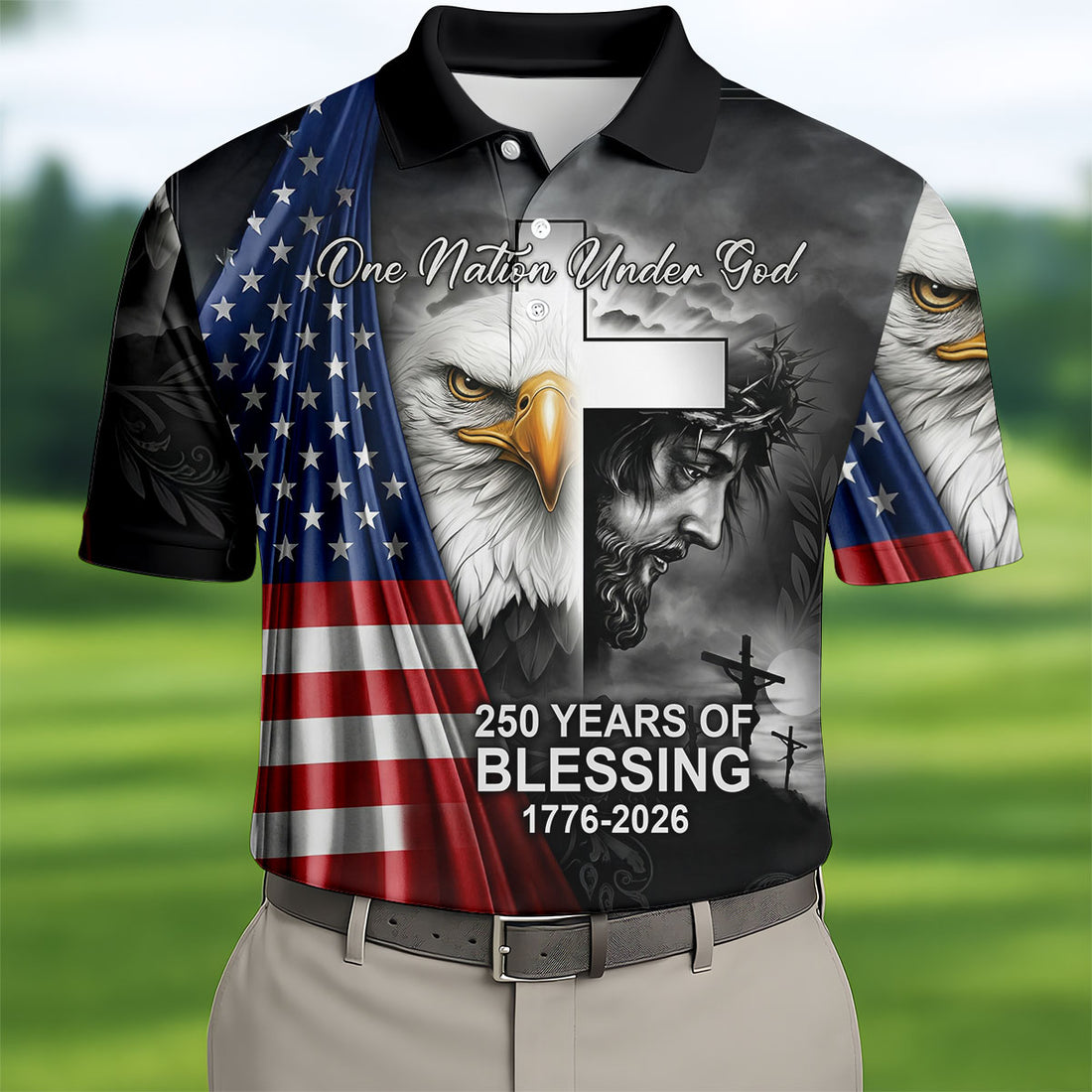 One Nation Under God 250 Years Of Blessing Faith Cross US Flag Golf Shirt, 4th Of July Golf Shirts For Men
