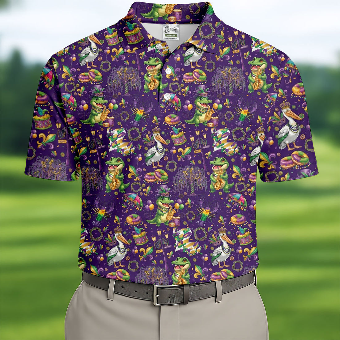 Mardi Gras Fleur De Lis Animal Band Purple Golf Shirt, Golf Tops For Men, Polo Shirts For Men