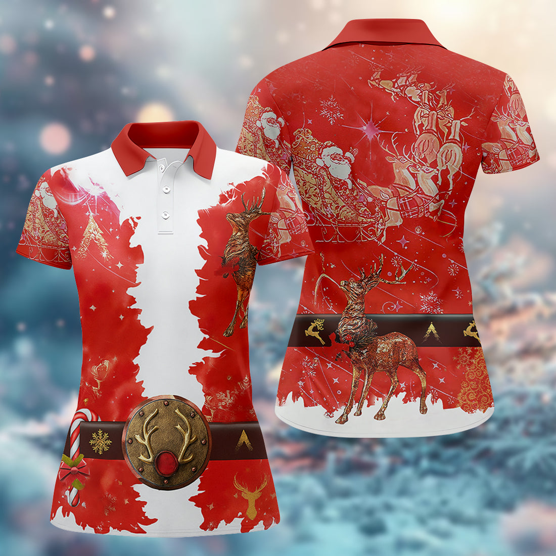 Santa Claus Christmas Print Fun Women's Golf Shirts, Cute Golf Outfit, Ladies Golf Shirts, Golfing Apparel