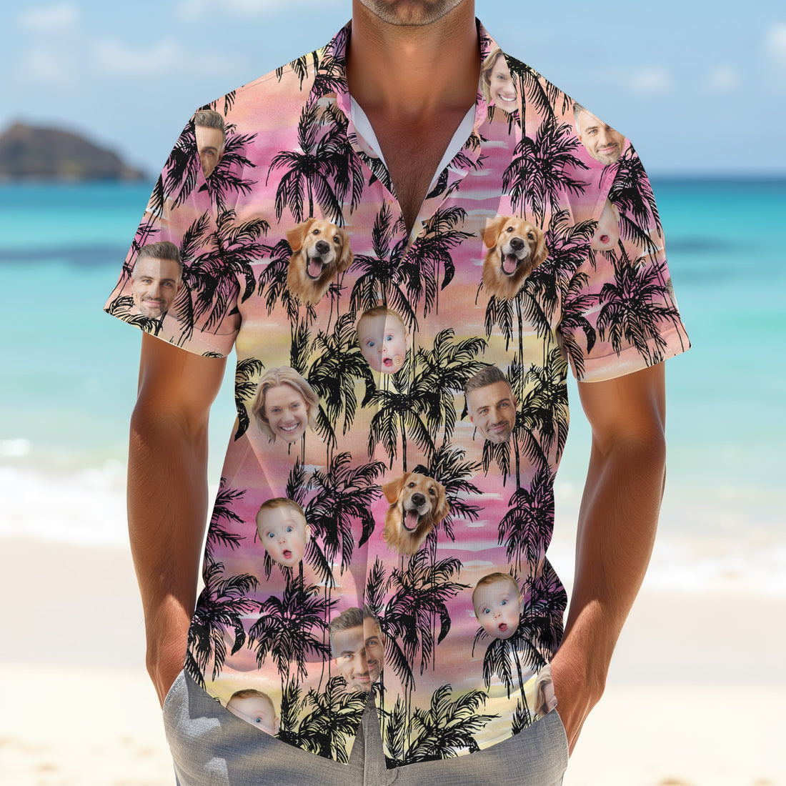 Beach Pink Sunset Hawaiian Shirts With Faces, Custom Team Shirt, Men Polo Shirt, Best Gifts For Men Golfers