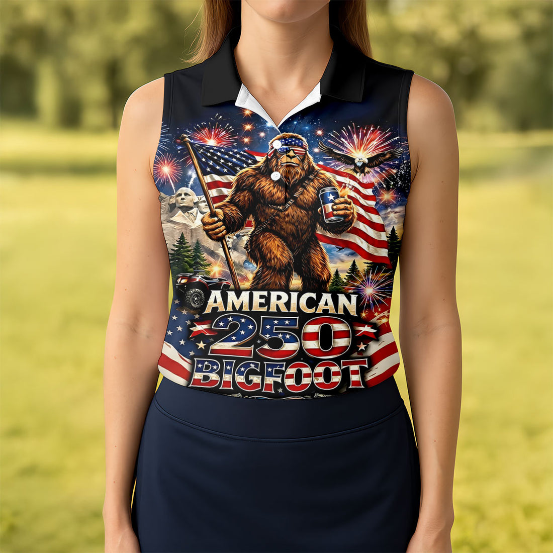 American 250 US Flag Pattern Bigfoot Golf Shirt, Patriotic 4th Of July Golf Shirt For Women