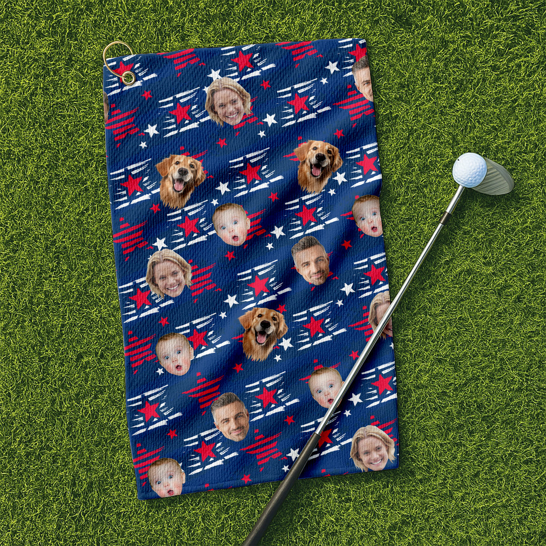 Custom Face Towel, 4th of July Stars Golf Towel, American Flag Custom Towel With Faces, Patriotic Golf Towel