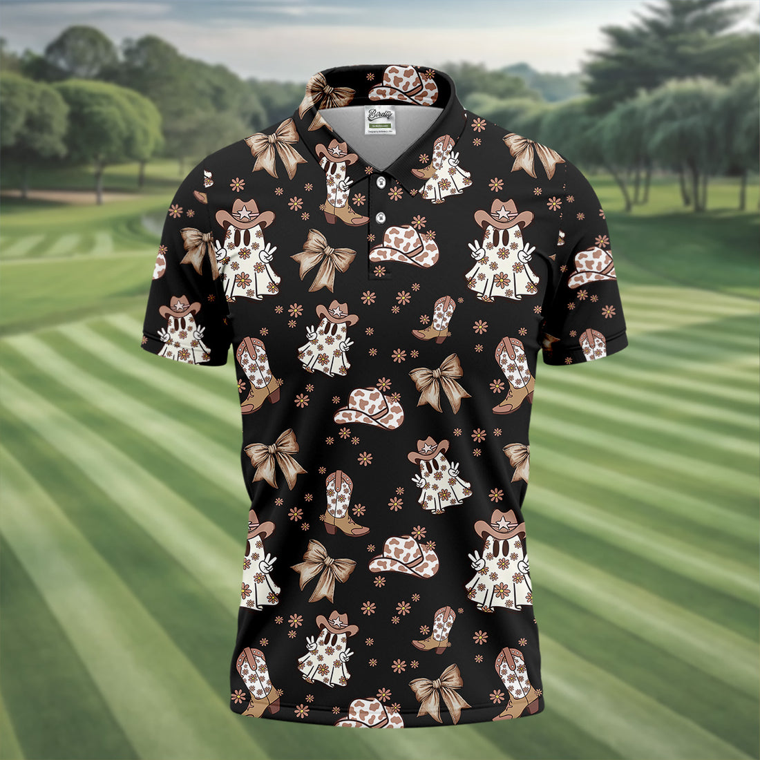 Coquette Halloween Cowboy Ghost Black Fun Golf Shirts For Men, Polo Shirts For Men, Golfing Apparel