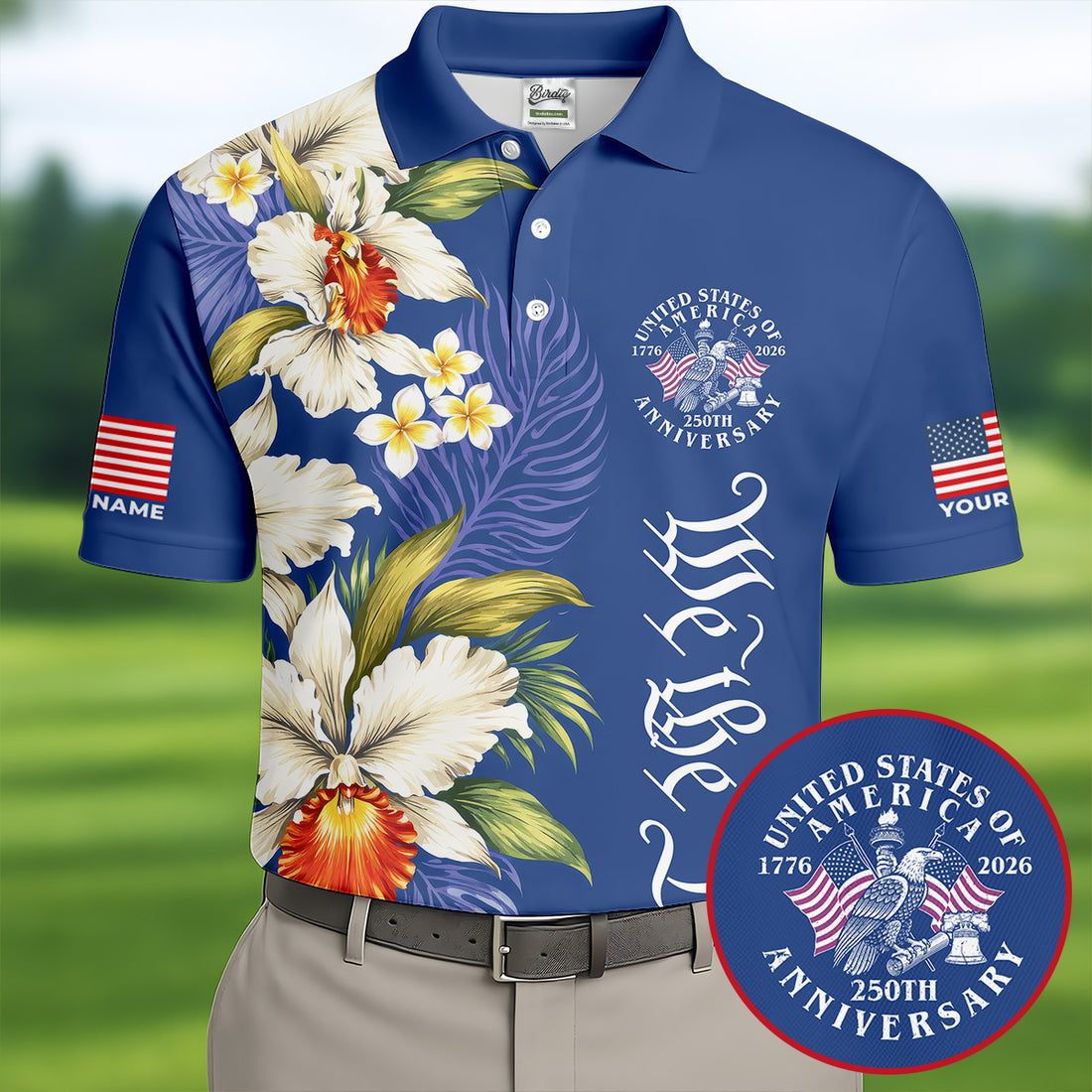We The People Floral Pattern US Flag Golf Shirt, 250 Years 4th Of July Golf Shirts For Men
