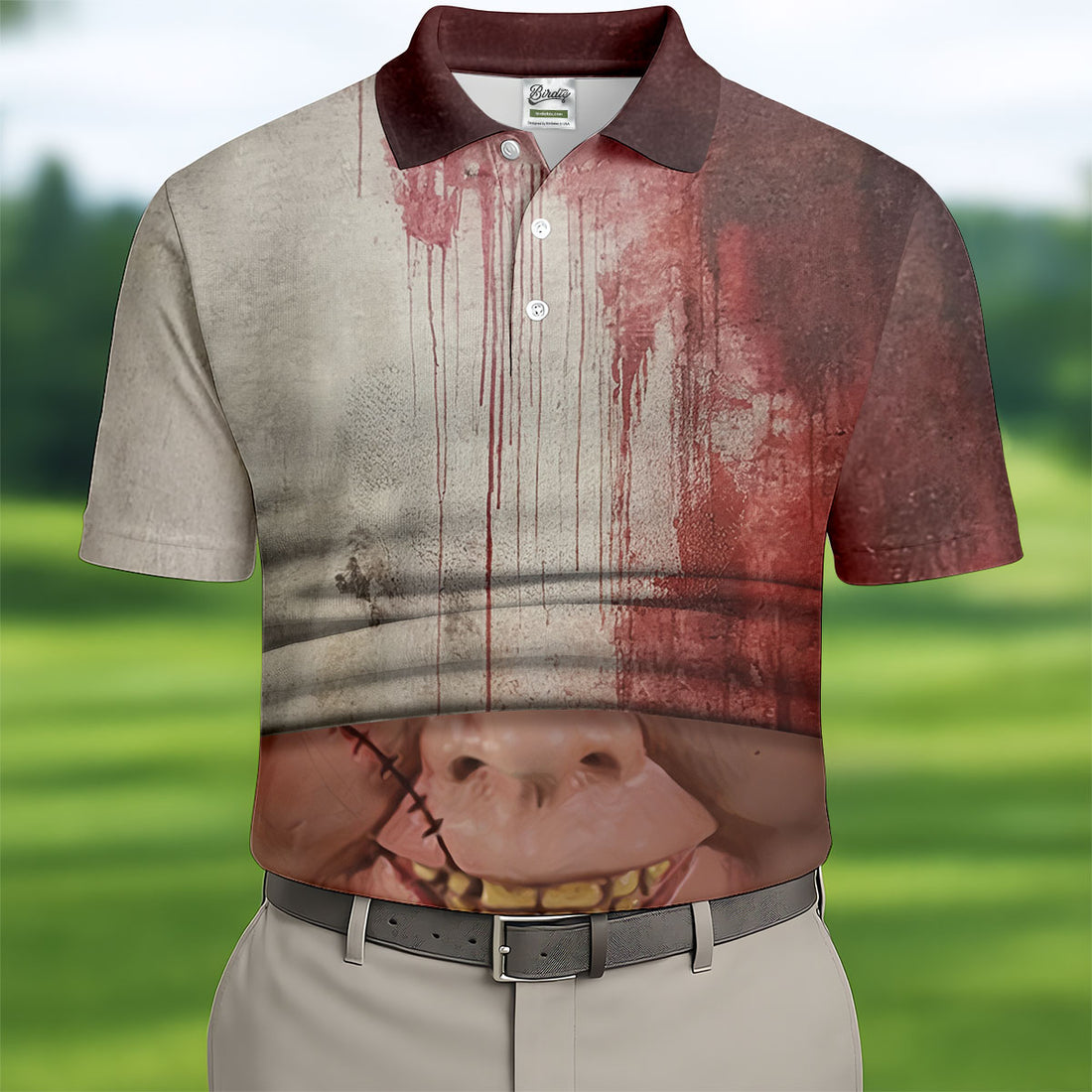 Stitched Face Horror Character Halloween Polo Shirt, Mens Golf Polo, Mens Polo Shirts
