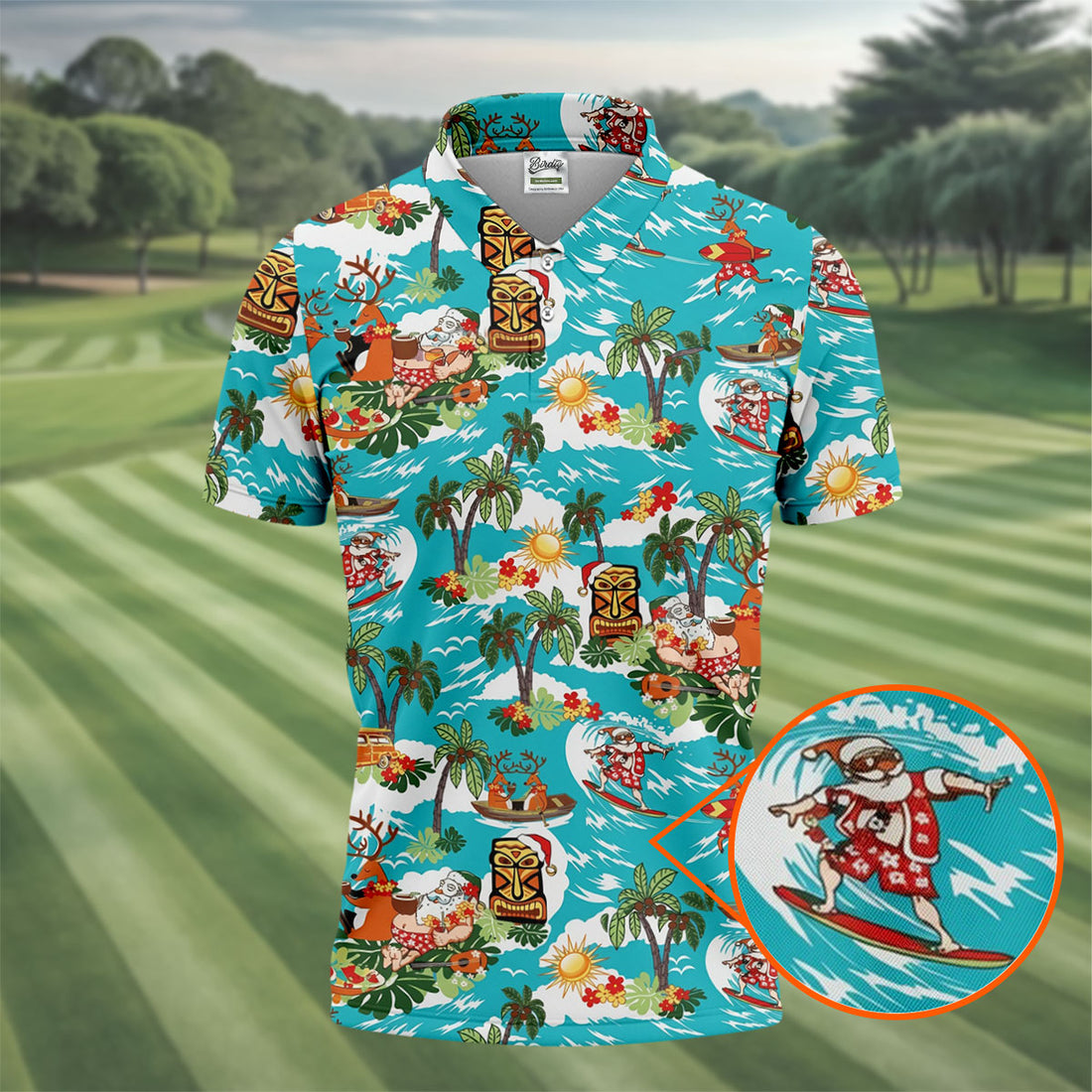 Men's Funny Surfing Santa Hawaiian Golf Shirt, Christmas Golf Shirt, Printed Golf Shirts