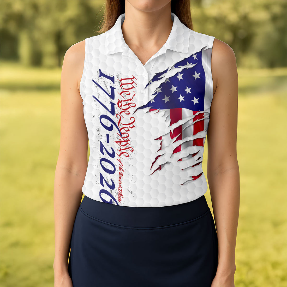 We The People 250 Anniversary 1776-2026 Distressed Flag Golf Shirt For Women, Patriotic 4th Of July Golf Shirt