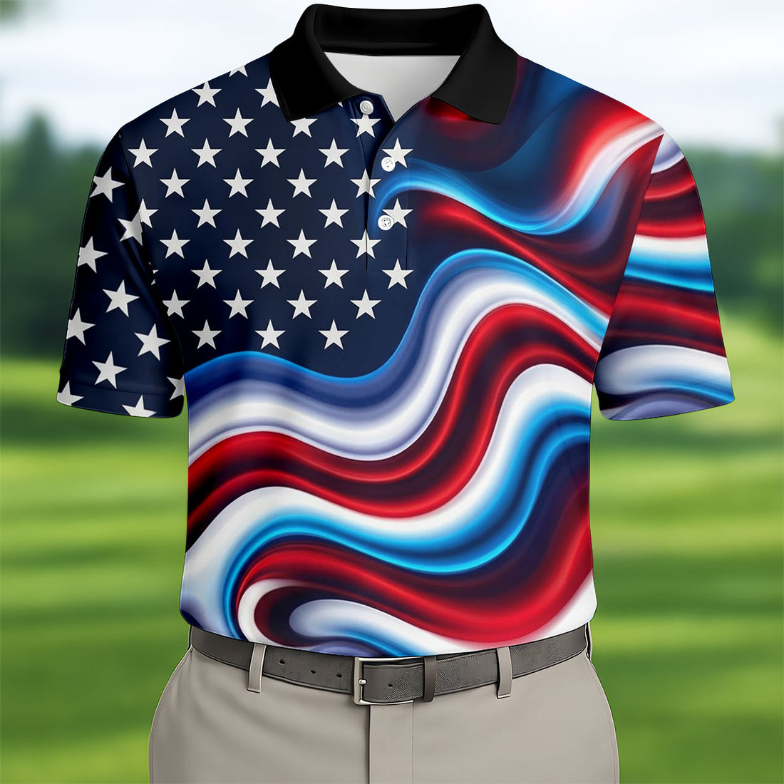 Star Pattern Red White Blue Wavy Stripes 250th Anniversary, Patriotic 4th Of July Golf Shirts For Men