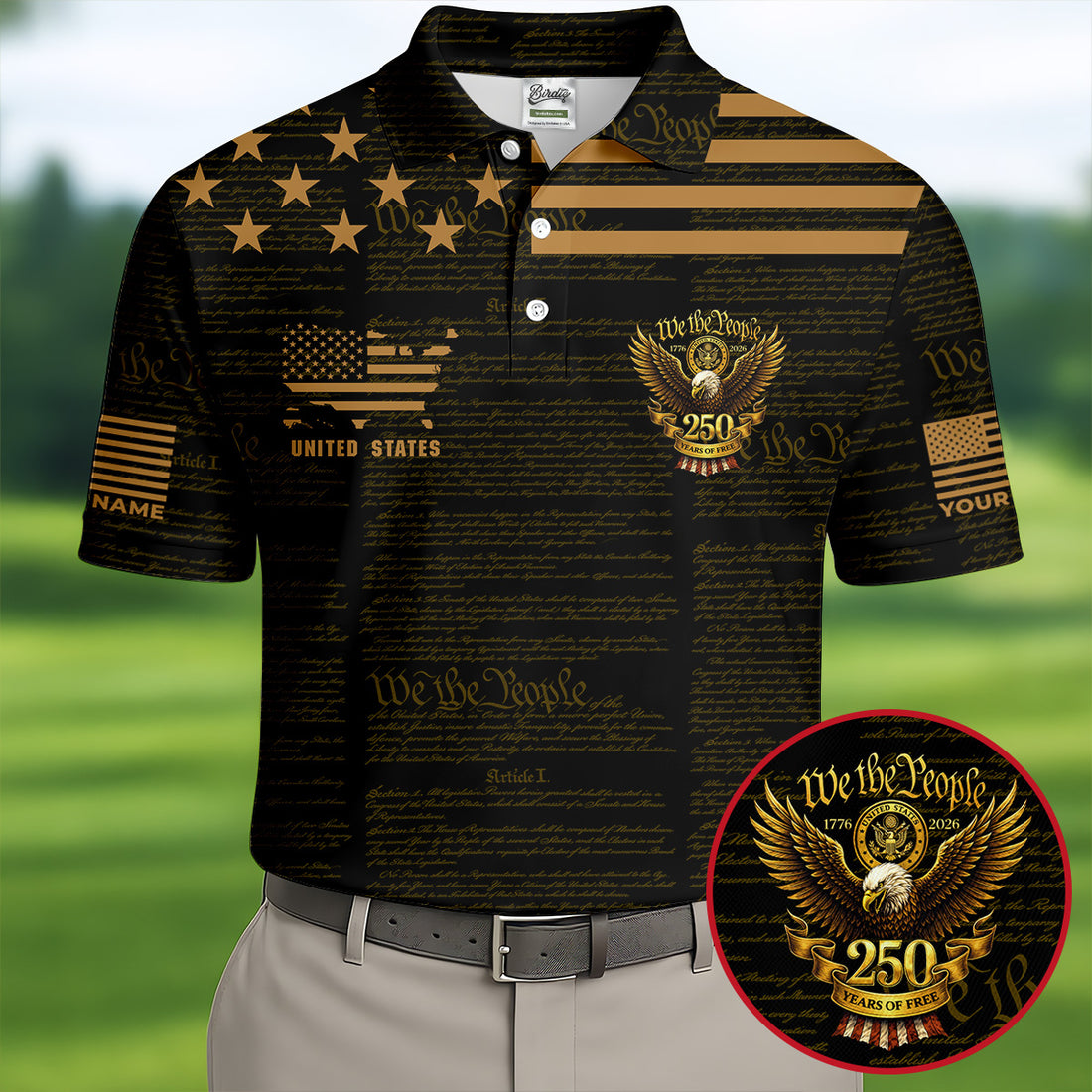 We The People Black And Gold Patriotic 4th Of July Golf Shirt, 250 Years Of Free Golf Shirts For Men
