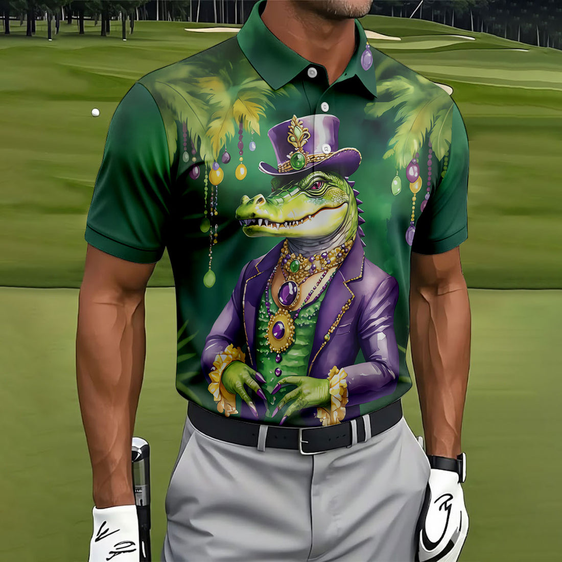 Mardi Gras Alligator Green Golf Shirt, Men's Funny Golf Shirts, Polo Shirts For Men, Golf Shirts For Men