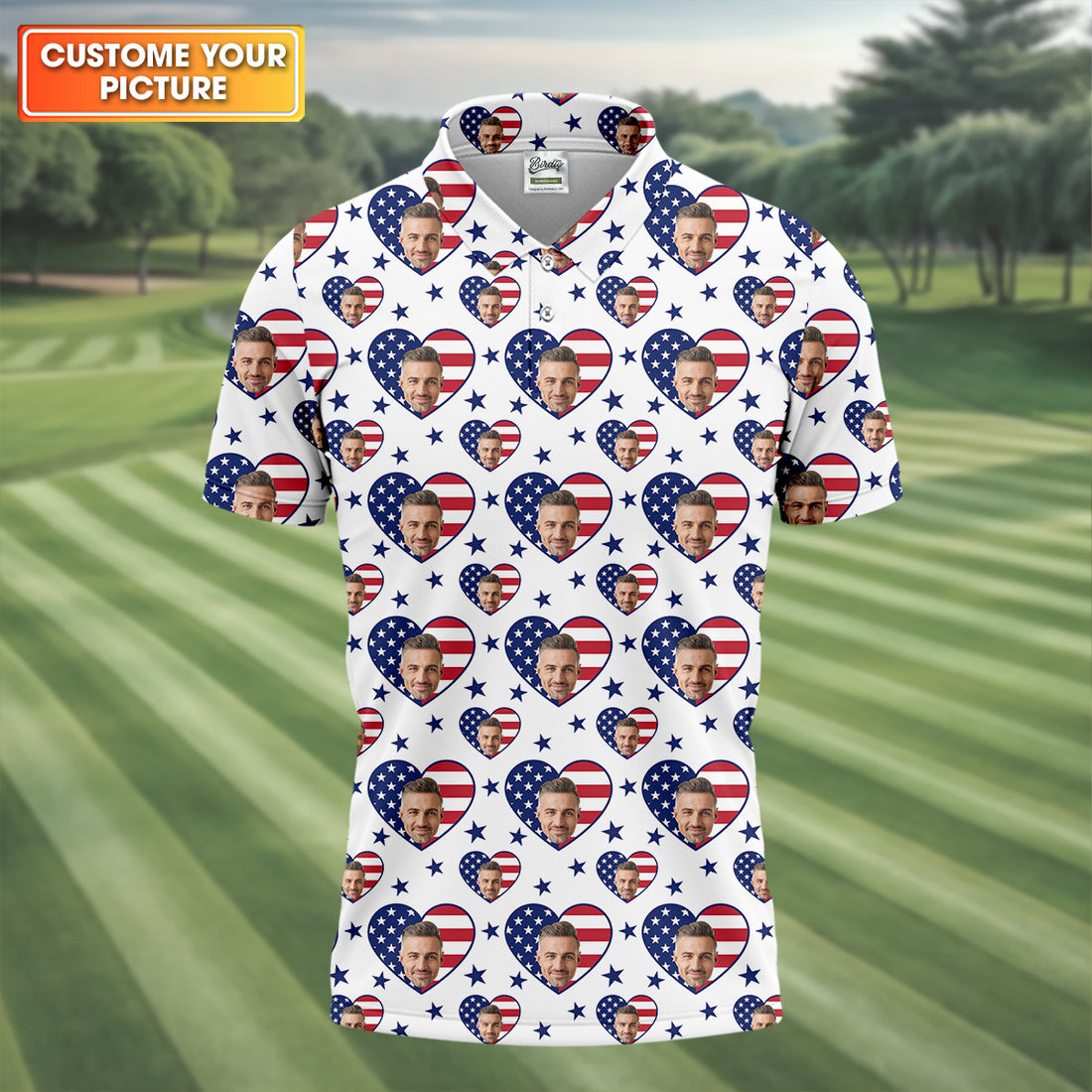 Custom Face Shirt, Funny Fourth Of July Shirts, Funny Golf Polo Shirt, American Flag Golf Shirt