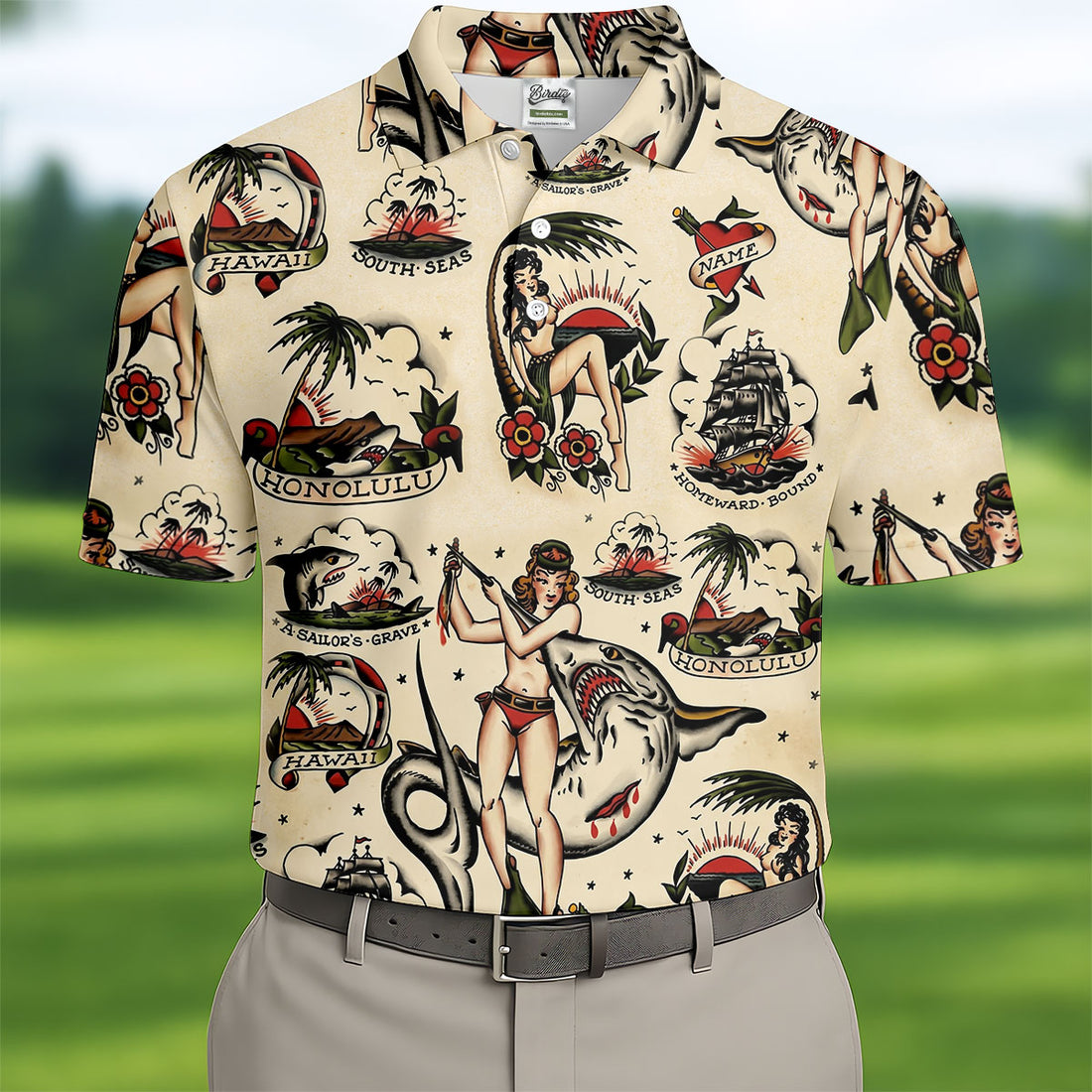 Vintage Hawaiian Pin Up Shark Tattoo Golf Shirt, Hawaiian Golf Shirt, Mens Golf Apparel