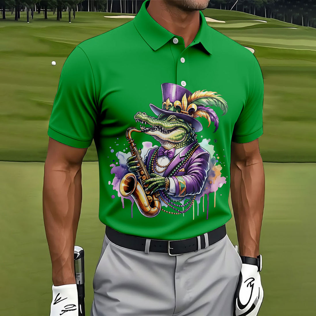 Mardi Gras Alligator Playing Saxophone Green Golf Shirt, Golf Shirts For Men, Polo Shirts For Men