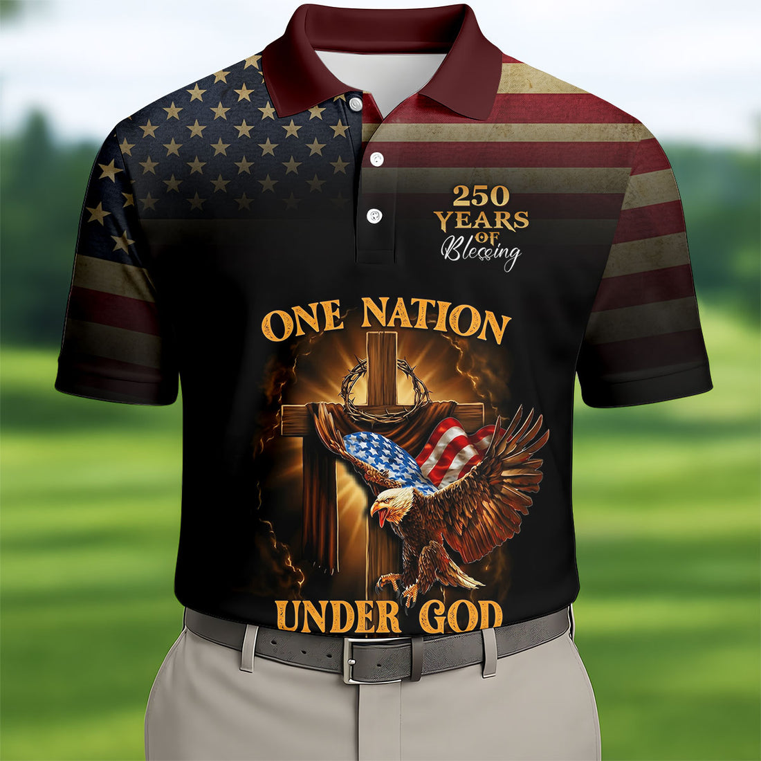 One Nation Under God 250 Years Faith Cross Golf Tops For Men, Patriotic US Flag Father's Day Golf Shirt