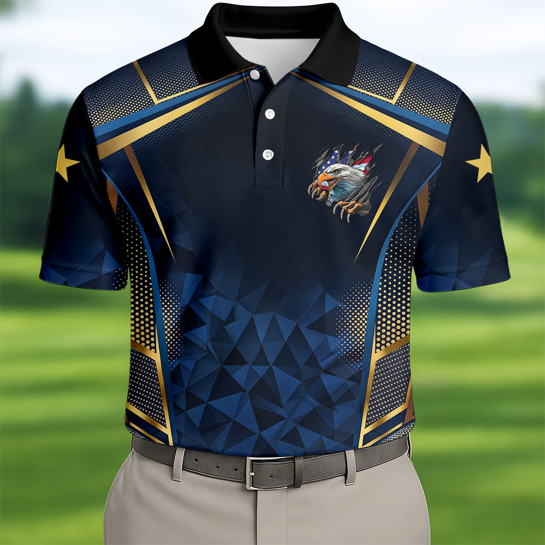 Luxury Gold Bald Eagle Men's 250 Years USA Patriotic Golf Shirt, 4th of July Golf Shirt