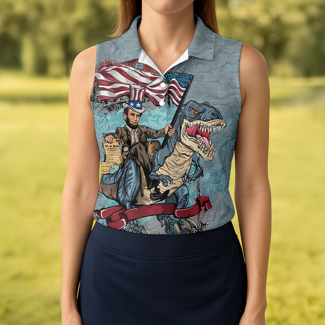 T-Rex Dinosaur US Flag Pattern 4th Of July Golf Shirt, Patriotic 250 Years Golf Shirt For Women