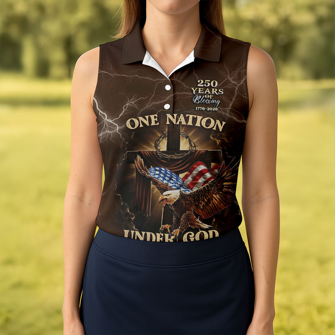 One Nation Under God 250 Years Faith Cross Patriotic Golf Shirt, 4th Of July Women's Golf Tops