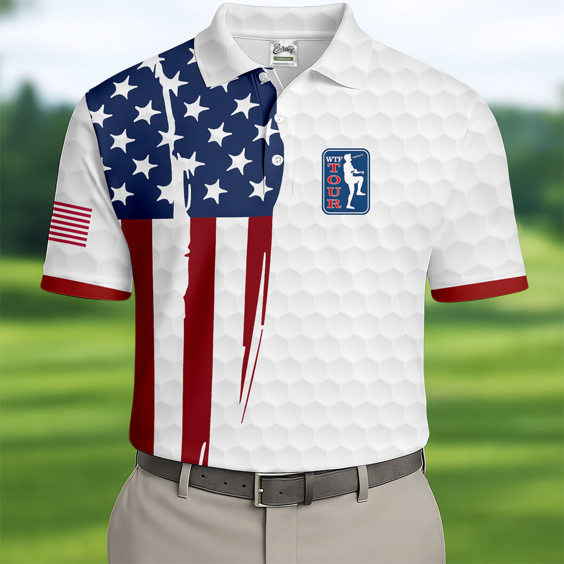 Golf Ball Pattern WTF Tour US Flag Patriotic Golf Shirt, 250th Anniversary Polo Shirts For Men