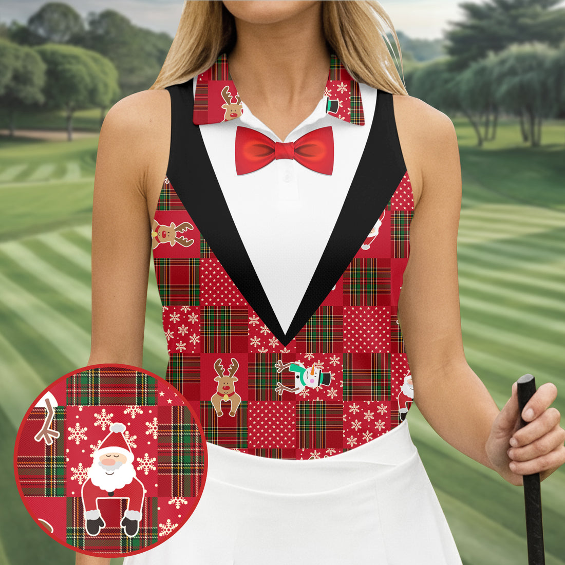 Red Plaid Funny Holiday Vintage Print Women Golf Top, Christmas Golf Shirt, Ladies Golf Tops