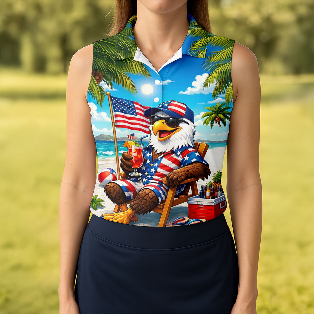 Funny Bald Eagle US Flag Pattern Hawaiian Golf Shirt, 250 Years Patriotic 4th Of July Golf Shirt For Women