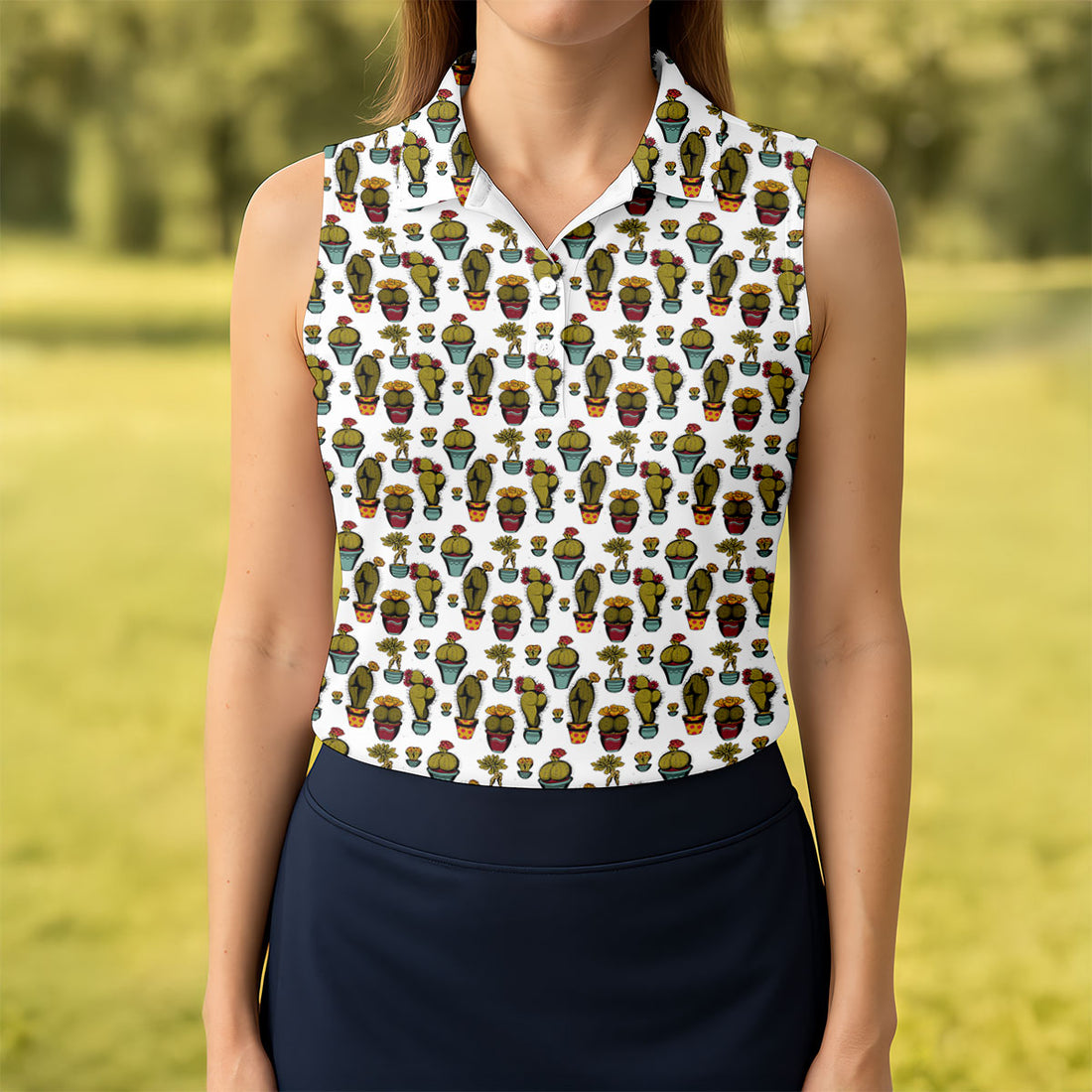 Cute Potted Cactus Pattern Golf Polo Shirt, Ladies Golf Tops, Women's Golf Polo