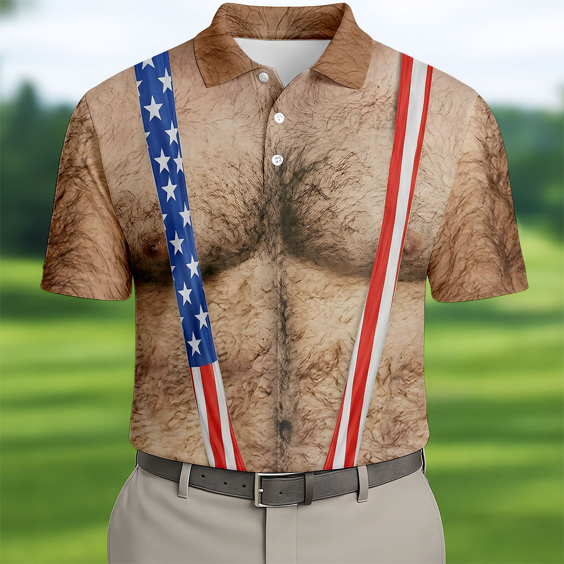 Hairy Body Funny Print Patriotic Golf Shirt, 250th Anniversary 4th Of July Golf Shirts For Men